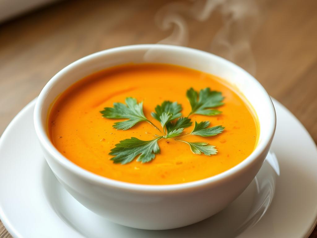 Cremige Süßkartoffel-Kokos-Suppe mit Koriander garniert