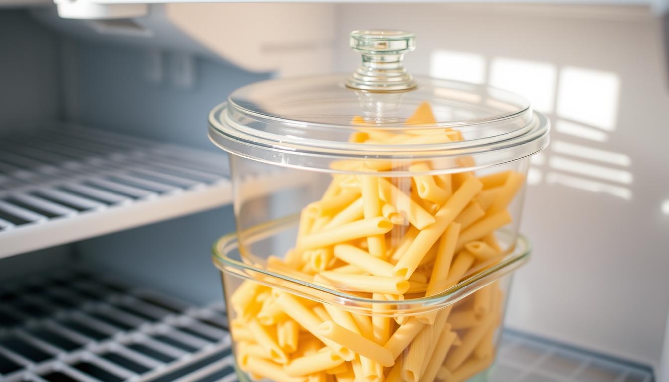 Gekochte Nudeln in einer Glasschüssel mit Deckel im Kühlschrank