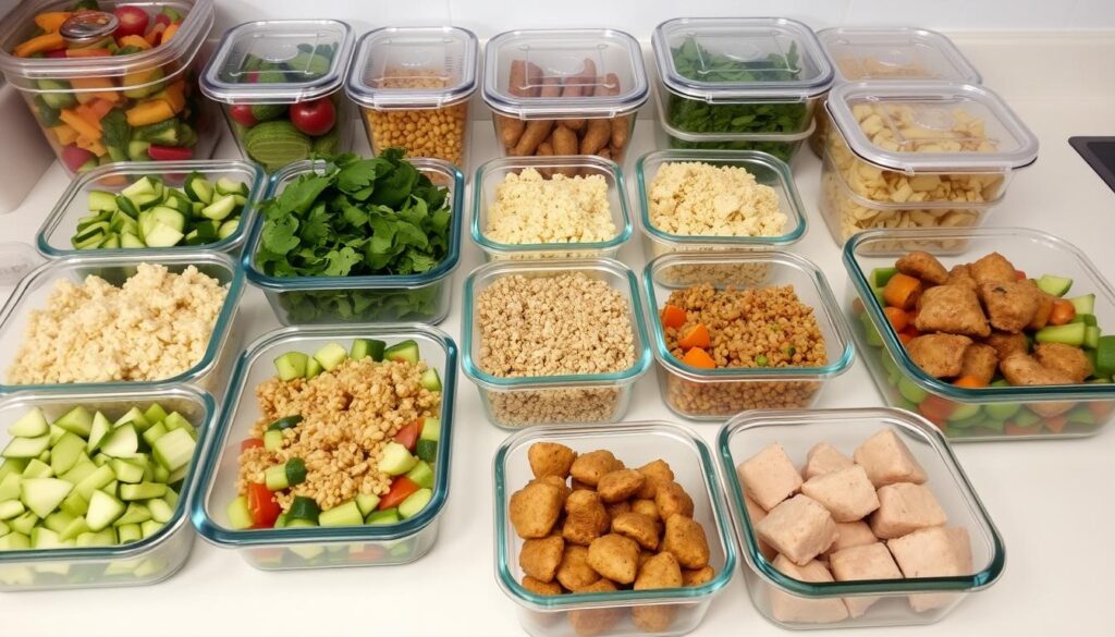 Meal Prep Vorbereitung mit verschiedenen Behältern voller vorbereiteter Zutaten