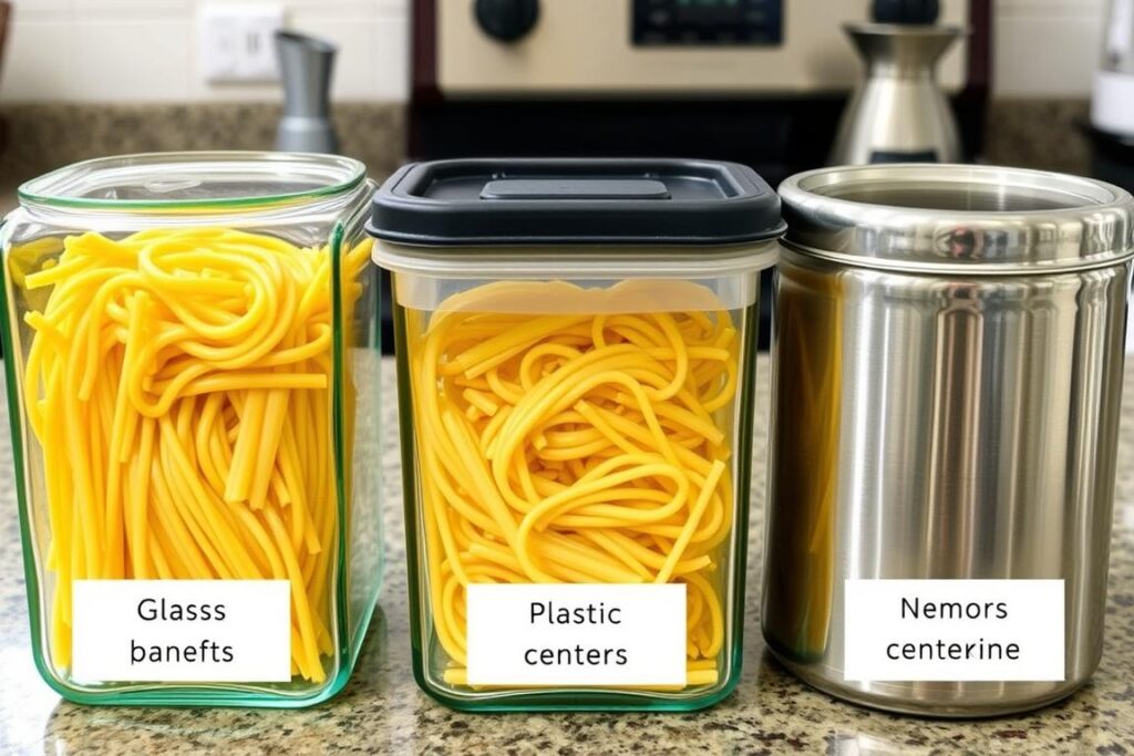 Verschiedene Aufbewahrungsbehälter für gekochte Nudeln im Vergleich Verschiedene Aufbewahrungsbehälter für gekochte Nudeln im Vergleich